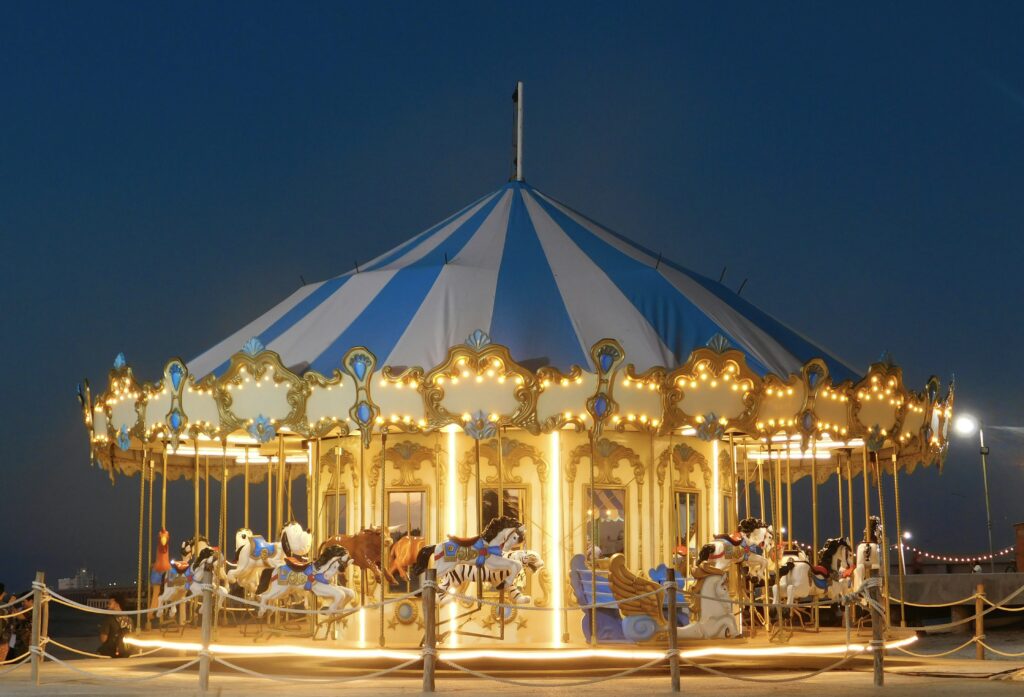 A beautiful carousel at night.