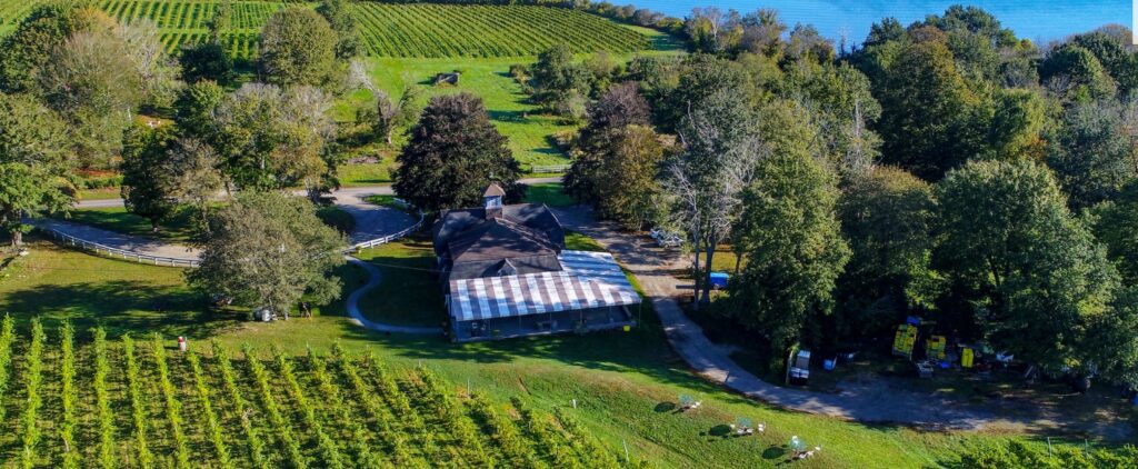 An aerial view of Greenvale Vineyard in Portsmouth, Rhode Island which is one of the best Rhode Island wineries. 