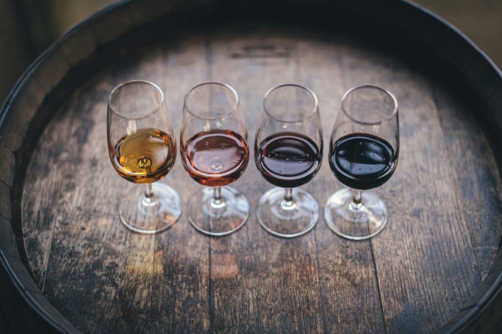 A wine flight on a wine aging barrel at a Rhode Island winery. 