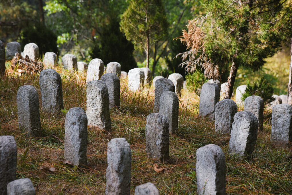 A photo of a historic graveyard. 
